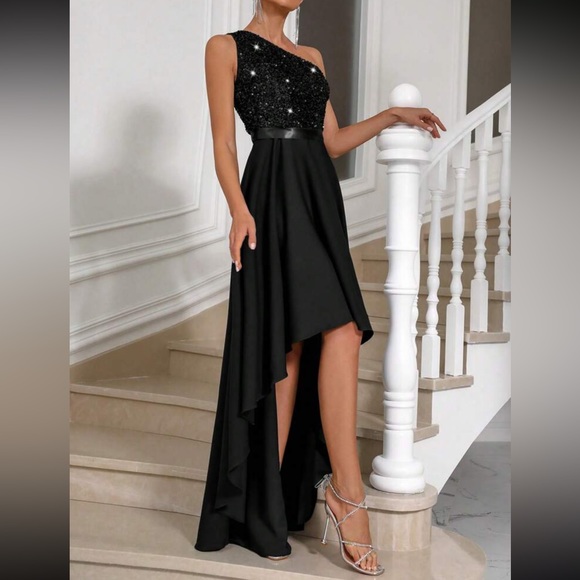 Luxe one shoulder asymmetrical hem satin sequins party dress - Picture 1 of 5